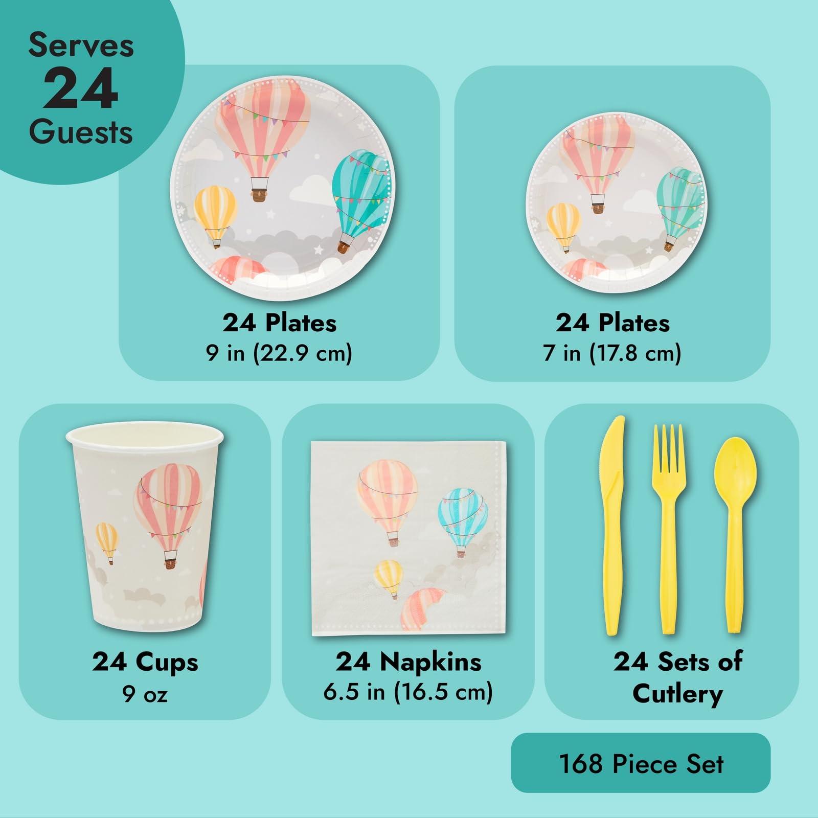 Sparkle and Bash Sparkle and Bash 168-Piece Hot Air Balloon Party Decorations for Baby Shower, Birthday Party, Disposable Dinnerware Set with Paper Plates, Plastic Cutlery, Cups, and Napkins (Serves 24)