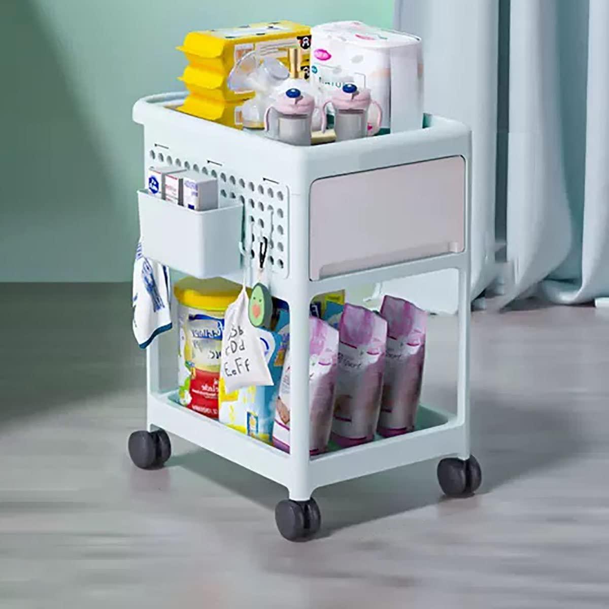 HNXMJ 2-Tier Bathroom Storage Trolley with Handle, Compact Rolling Cart Organizer for Groceries, Bathroom Cart with Hanging Cups, Bedroom Storage Cart On Wheels, Storage Rolling Cart Space Saver