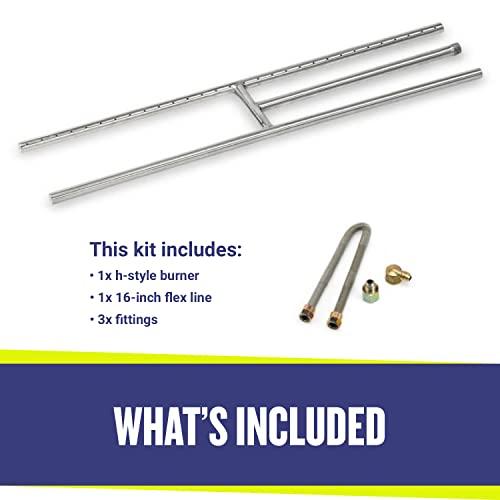 American Fireglass American Fire Glass H-Burner Kit for Natural Gas, 30\" x 6\" | Stainless Steel for Indoor & Outdoor use in Natural Gas Fire Pit or Fireplace | Non-Whistle, Flexible Flex Gas Line