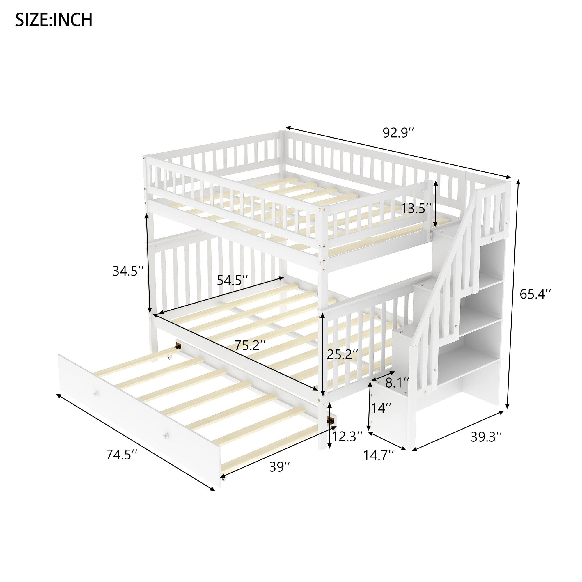 Quarte Quarte Full Over Full Bunk Bed with Trundle/Staircase/4 Storage Shelves, Convertible 3 Individual Beds, Solid Wood Bunk Bed Designed for Kids/Teens/Adults (White+Full/Full*)