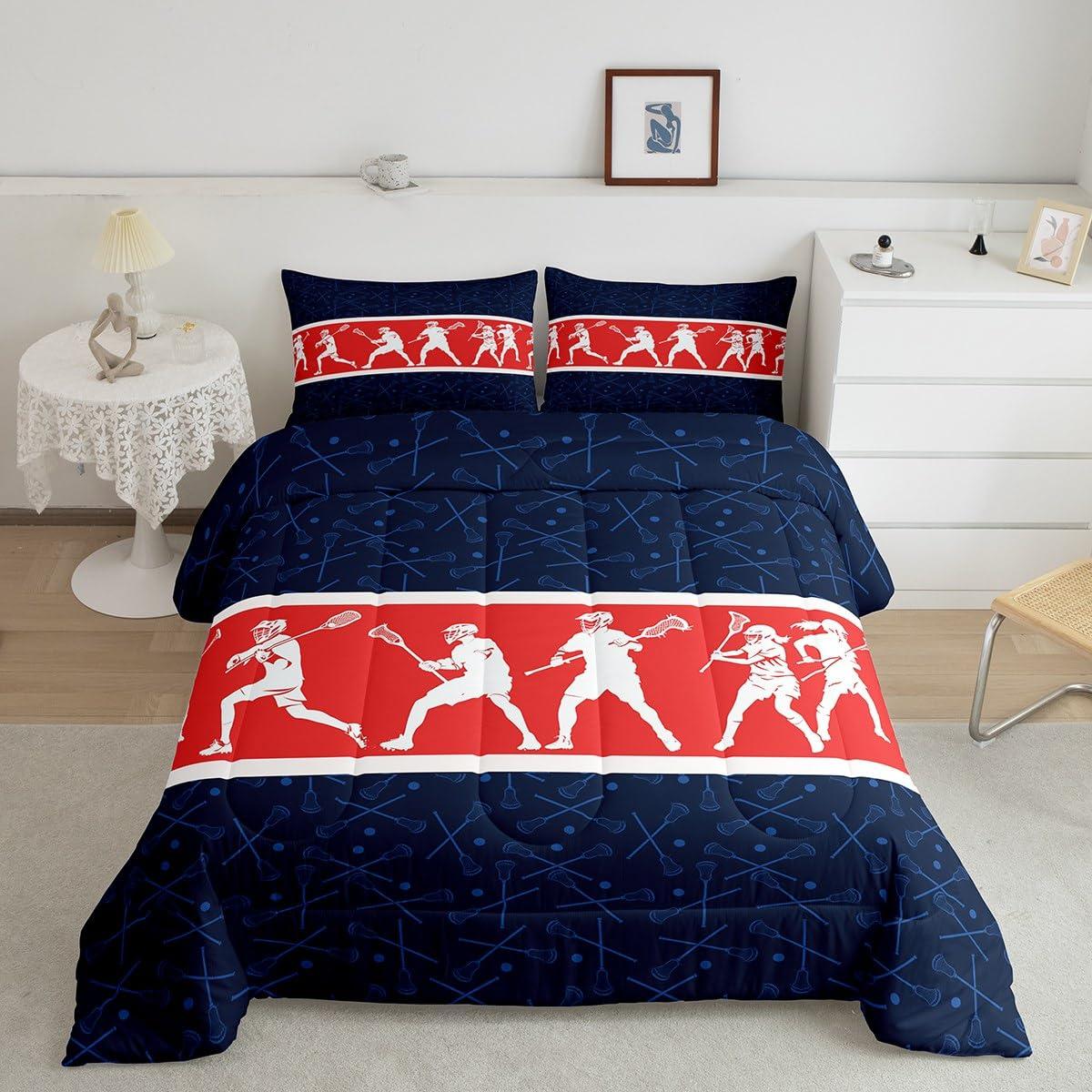 Feelyou Feelyou Lacrosse Comforter Set Twin Size Boys Gilrs Sports Bedding Set for Kids Adults Soft Lacrosse Player Games Comforter Navy Blue Red Duvet Set Room Decor Quilt 2Pcs Boys
