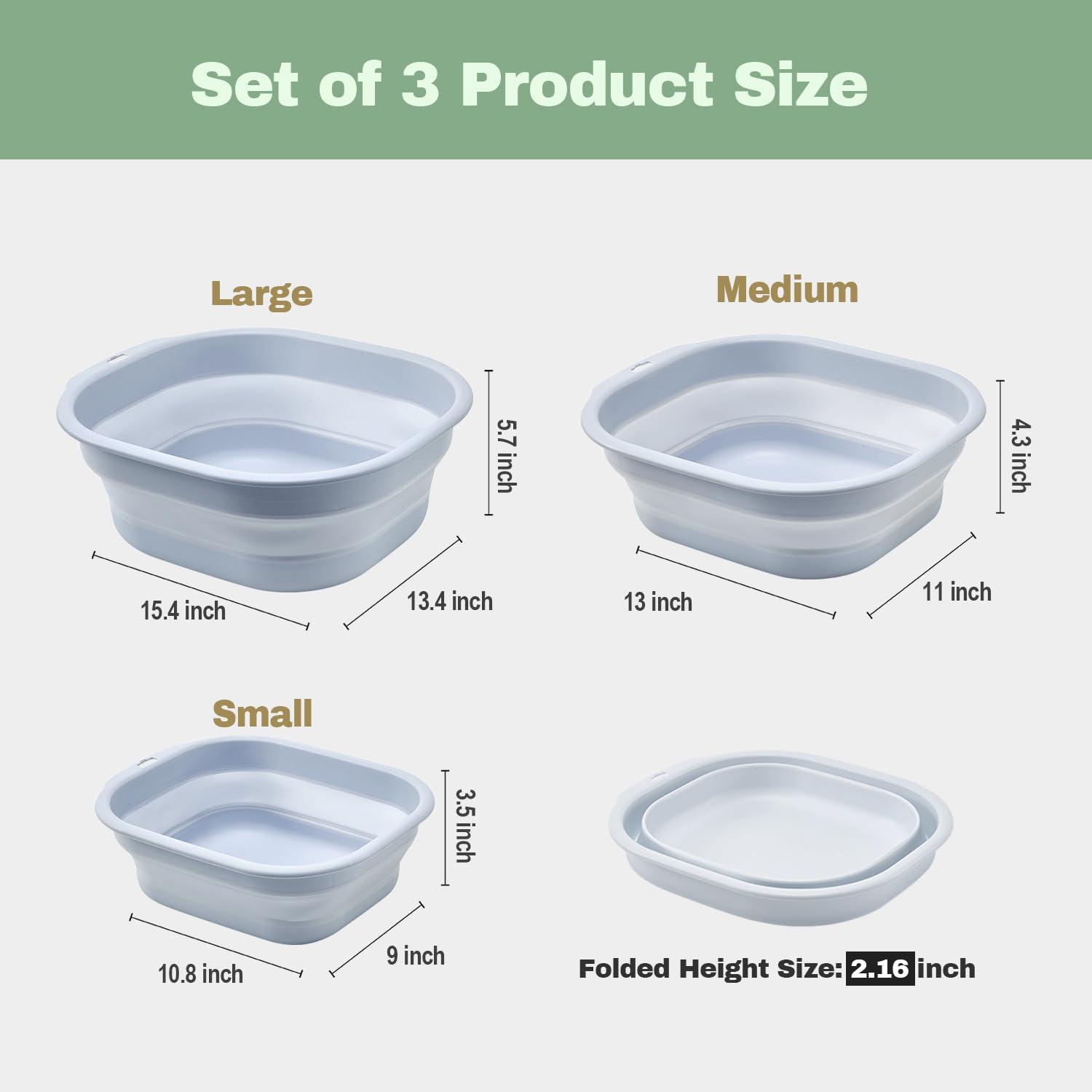 Daimix Collapsible Wash Basin Set of 3, Foldable Large Medium Small Wash Basins, Portable Plastic Basins for Laundry, Bottles, Travel, Camping (Blue Gray)