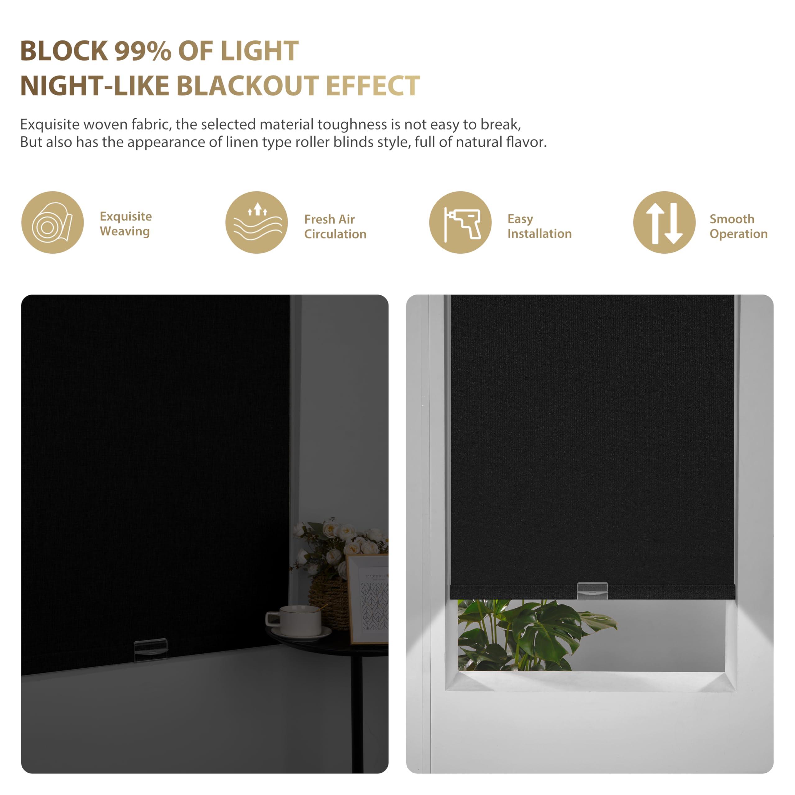 HOTSOON HOTSOON Blackout Linen Roller Shades for Windows Cordless Room Darkening Roller Blinds Easy to Install with Cassette Valance Black Out Window Shades for Home Office Living Room Black,81" W x 48" H