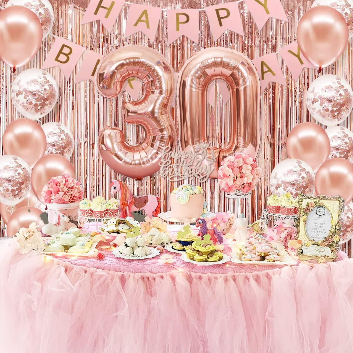 PopularLdo 30th Birthday Decorations for Her, Happy 30th Birthday Banner, Crown, Sash, Cake Topper and Number Balloon, Rose Gold 30th Birthday Party Decorations for Women