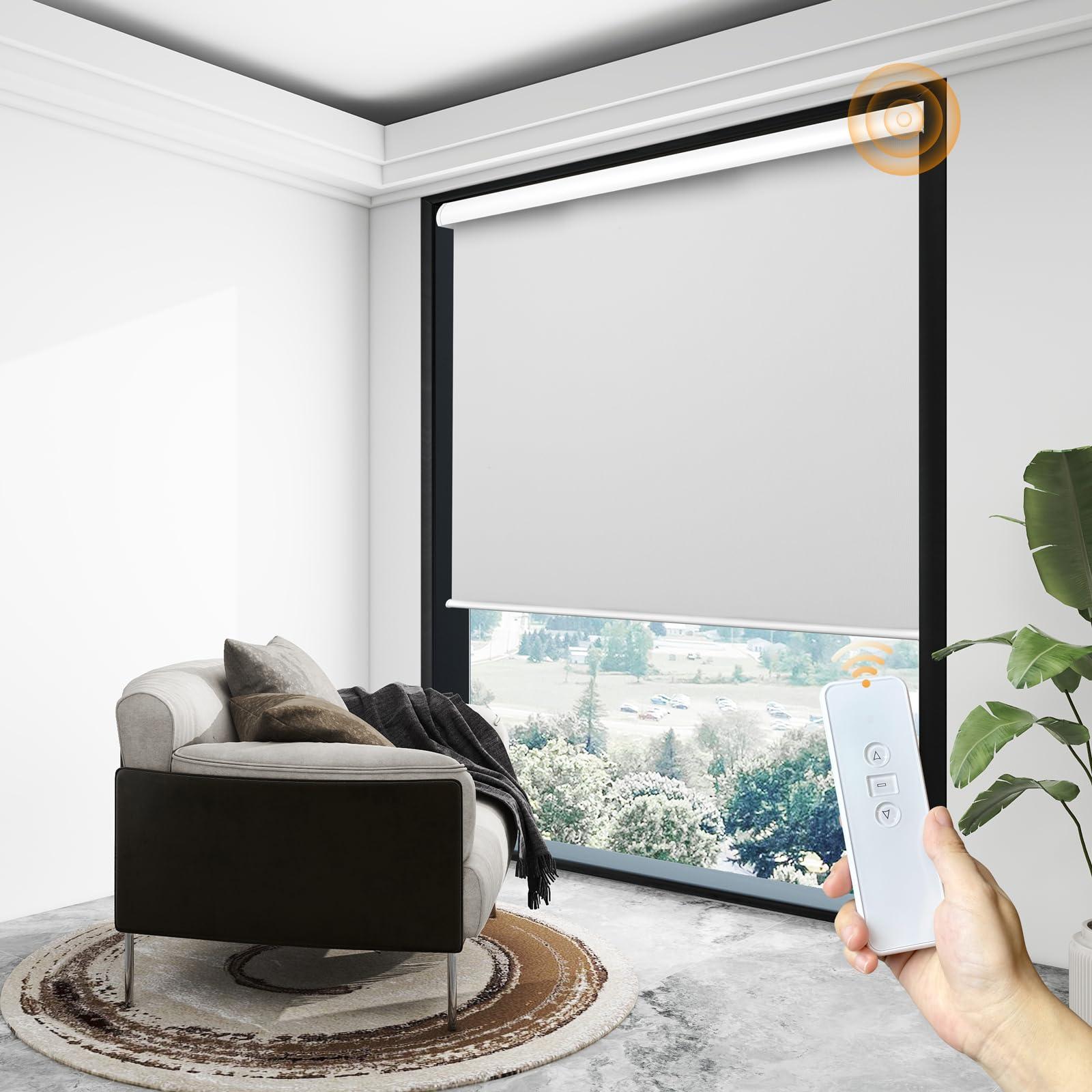 FS KEEWO FS KEEWO Roller Window Blinds Blackout Rechargeable Electric Window Shades with Remote Control Automatic Smart Home Motorized Roller Shades for Windows Doors Kitchen, 46" x 72", White