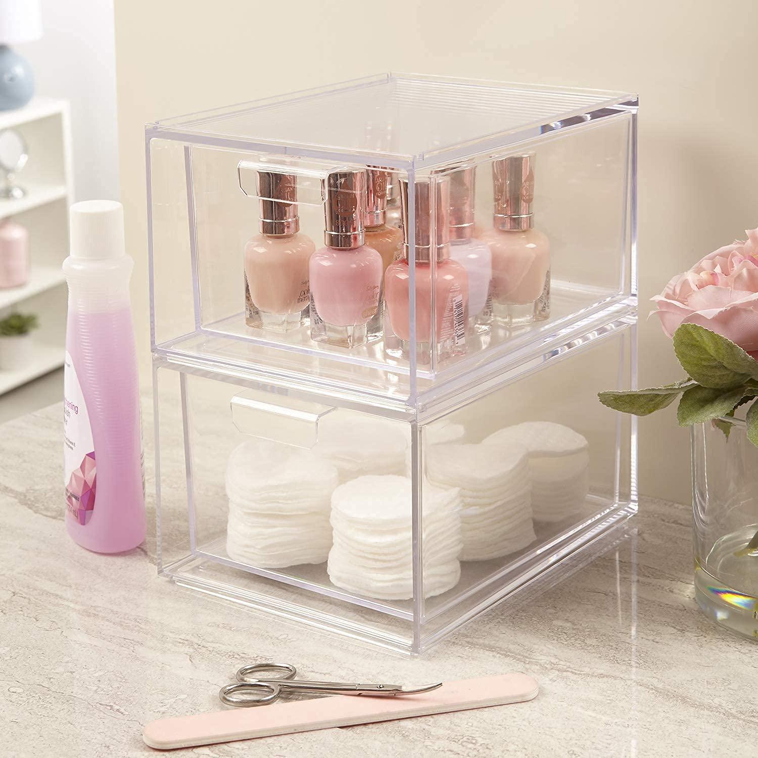 STORi STORi Audrey Stackable Clear Bin Plastic Organizer Drawers | 2 Piece Set | Organize Cosmetics and Beauty Supplies on a Vanity | Made in USA