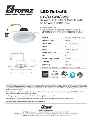 Topaz Lighting Topaz Lighting 79723 LED Recessed Retrofit Trim, 5\"-6\" Baffle, White, 16W, CCT 3000K, 1155 Lumens, Save Time and Money, Energy Efficient, Easy to Install, No More Light Bulbs!