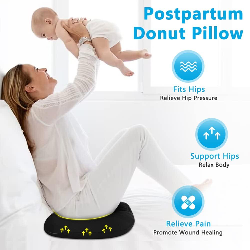 POWYS Donut Pillow Postpartum Cushion with Perineal Ice Packs Episiotomy Butt Pad for Sitting Tailbone Pain Relief Hemorrhoid Coccydynia Pregnancy Women After Birth Recovery Medical Care (3 in 1)