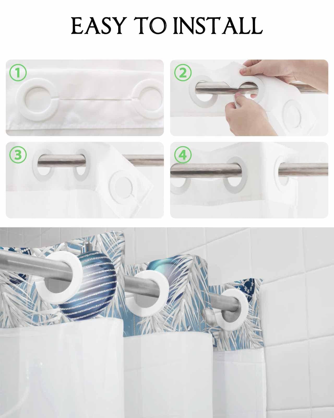 Edwiinsa No Hook Shower Curtain and Snap in Liner Set, Blue Christmas Fabric Bathroom Stall Shower Curtains 54x78 Inch, See Through Mesh Top Window, Xmas Tree Snowflake Balls Hotel Style, Washable Waterproof