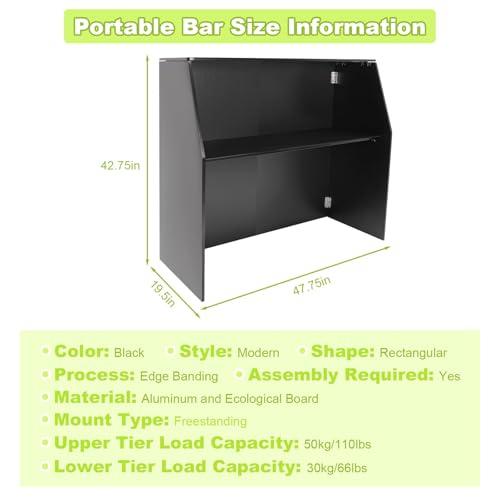 Akynjtbca Akynjtbca Bar Table Cabinet 42\" Tall Portable Event Bar, Farmhouse Coffee Bar Cabinet with Top and Middle Shelves, Foldable Bartender Station for Home&Parties (Black + Black Aluminum Cladding)