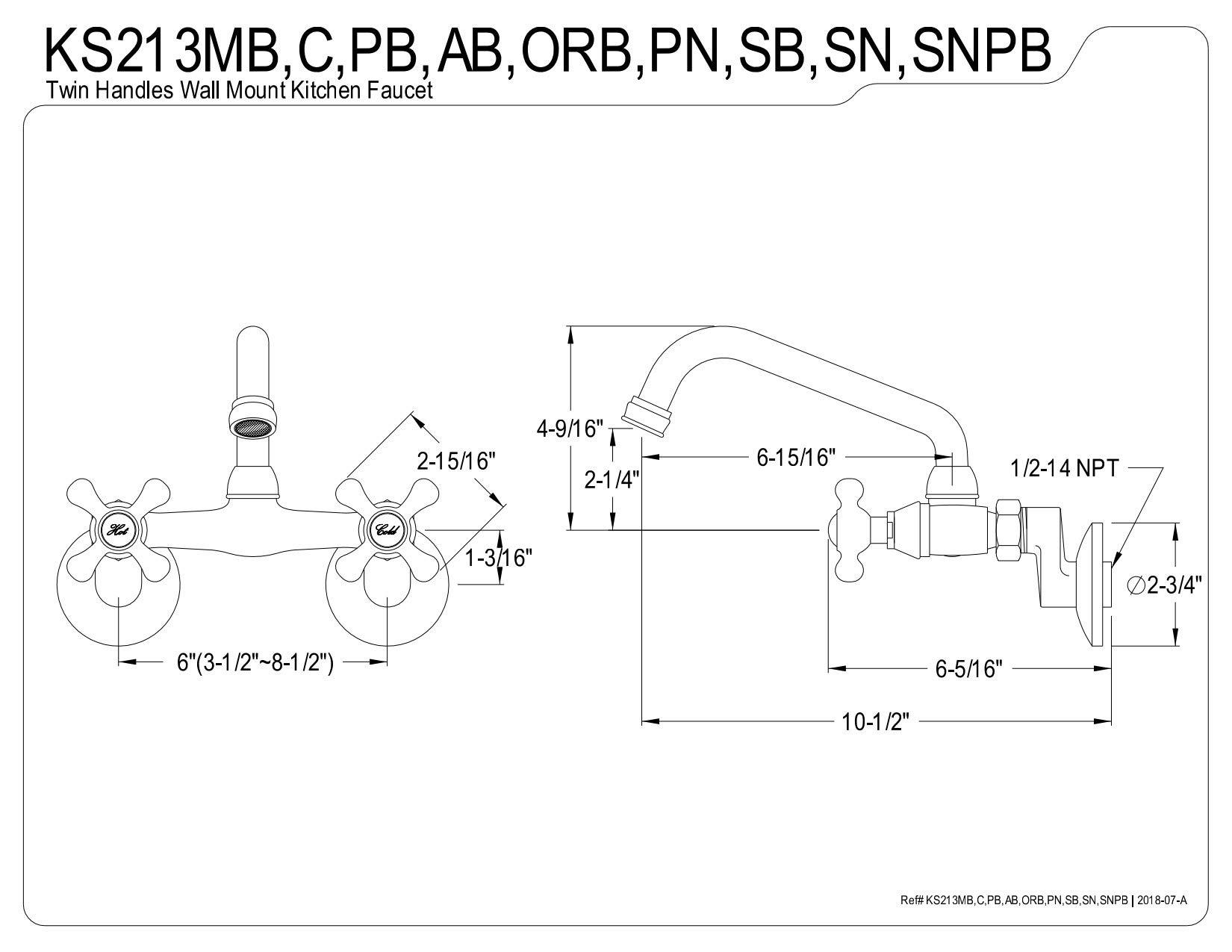 Kingston Brass Kingston Brass KS213PB Victorian Two Handle Wall Mount Kitchen Faucet, 7-Inch, Polished Brass