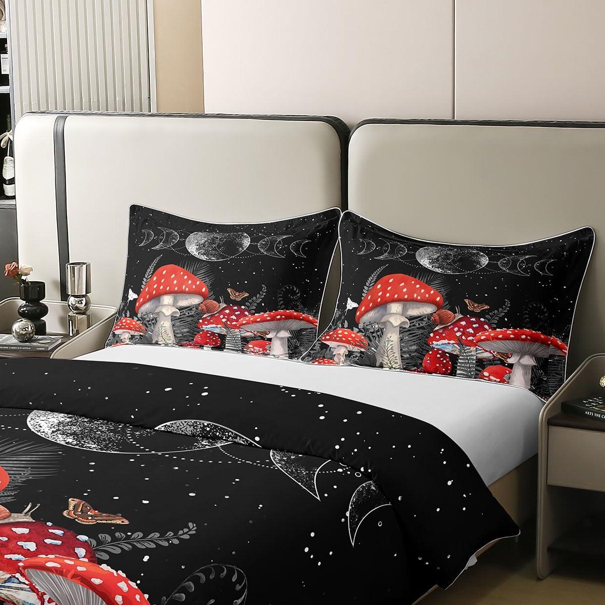 Castle Fairy King Size 3 Pcs Red Mushroom Duvet Cover 100% Cotton Sun Moon Exotic Starry Galaxy Bedding Set for Kids Teens Adults Wild Botanical Burgundy Plants Comforter Cover with 2 Pillowcases(No Comforter)