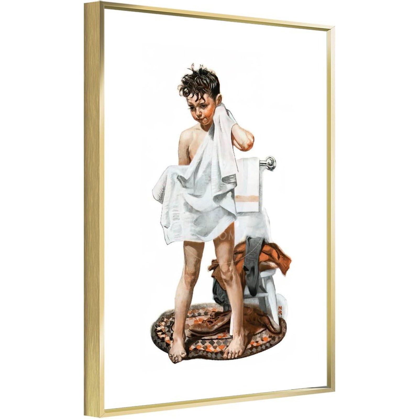 UdaCa C-L-E-A-N Boy Drying Off after Bath-low_res by Norman Wall Art Rockwell Poster Print for Teen Boys Room Wall Art Canvas Painting Print Ready to Hang Framed Golden 16x24inch(40x60cm)