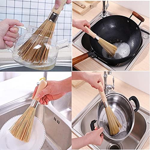 GONGXFDC 2Pack Traditional Natural Bamboo Wok Brushes , Kitchen Cleaning Brush, Bamboo Kitchen pan Brush, for Cleaning Dishes, Cast Iron Pots, Pans, Vegetables and Sink