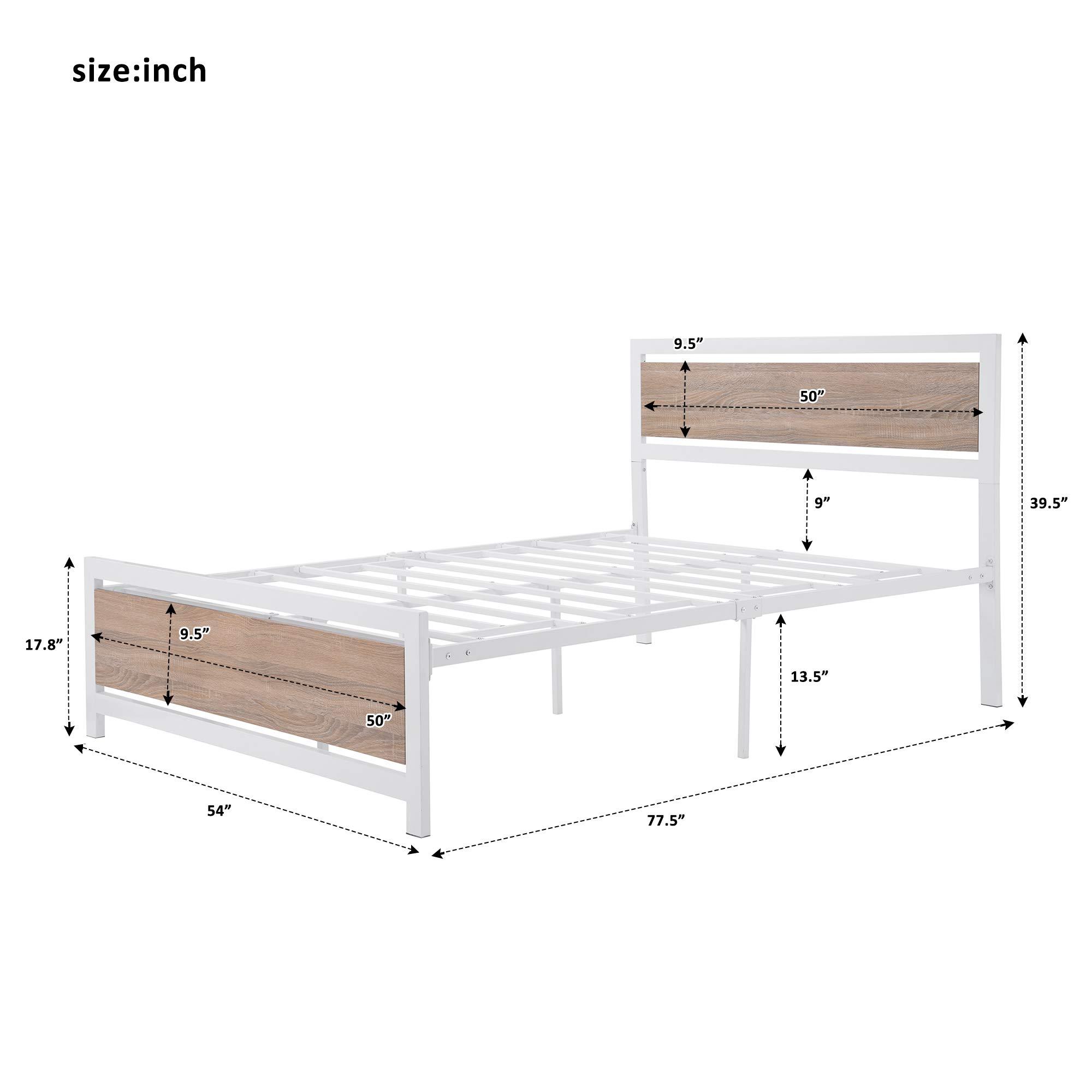 Merax Full Size Platform Bed, Metal Full Bed Frame with Wood Headboard and Footboard, No Box Spring Needed, White