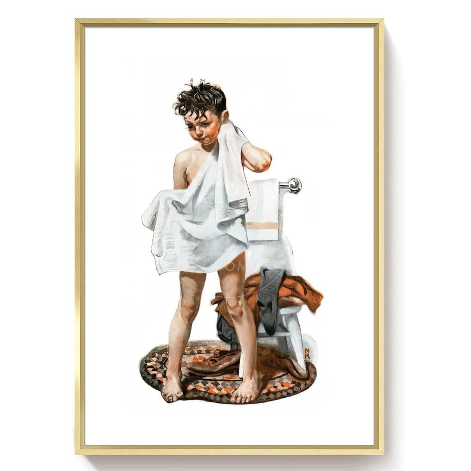UdaCa C-L-E-A-N Boy Drying Off after Bath-low_res by Norman Wall Art Rockwell Poster Print for Teen Boys Room Wall Art Canvas Painting Print Ready to Hang Framed Golden 16x24inch(40x60cm)