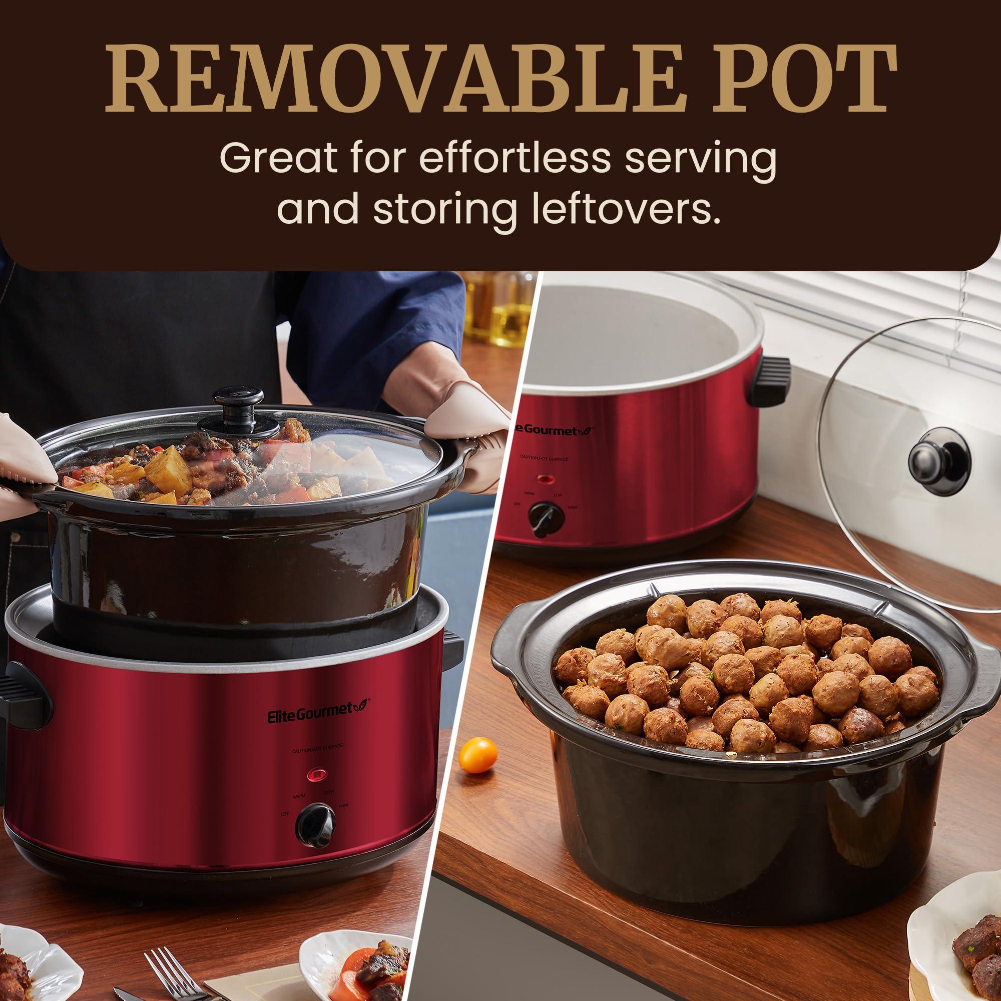 Elite Gourmet Elite Gourmet MST-900RXT# Electric Ceramic XL Jumbo Slow Cooker, Adjustable Temp, Entrees, Sauces, Stews & Dips, Dishwasher Safe Glass Lid & Crock, 8.5Qt, MetallicRed