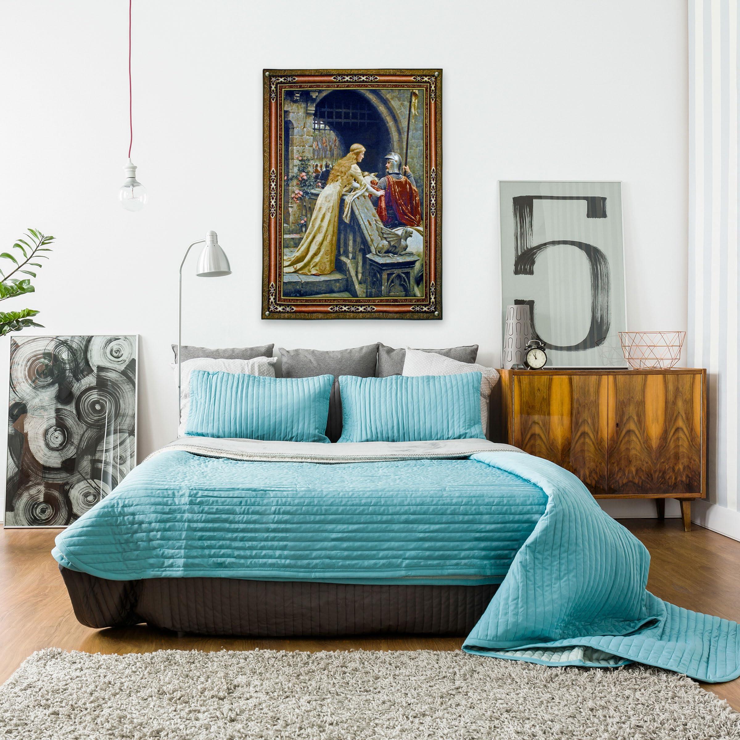 Fine Art Tapestries Godspeed by Edmund Blair Leighton | Woven Tapestry Wall Art Hanging | Medieval Lady with Arthurian Knight | 100% Cotton USA Size 53x40