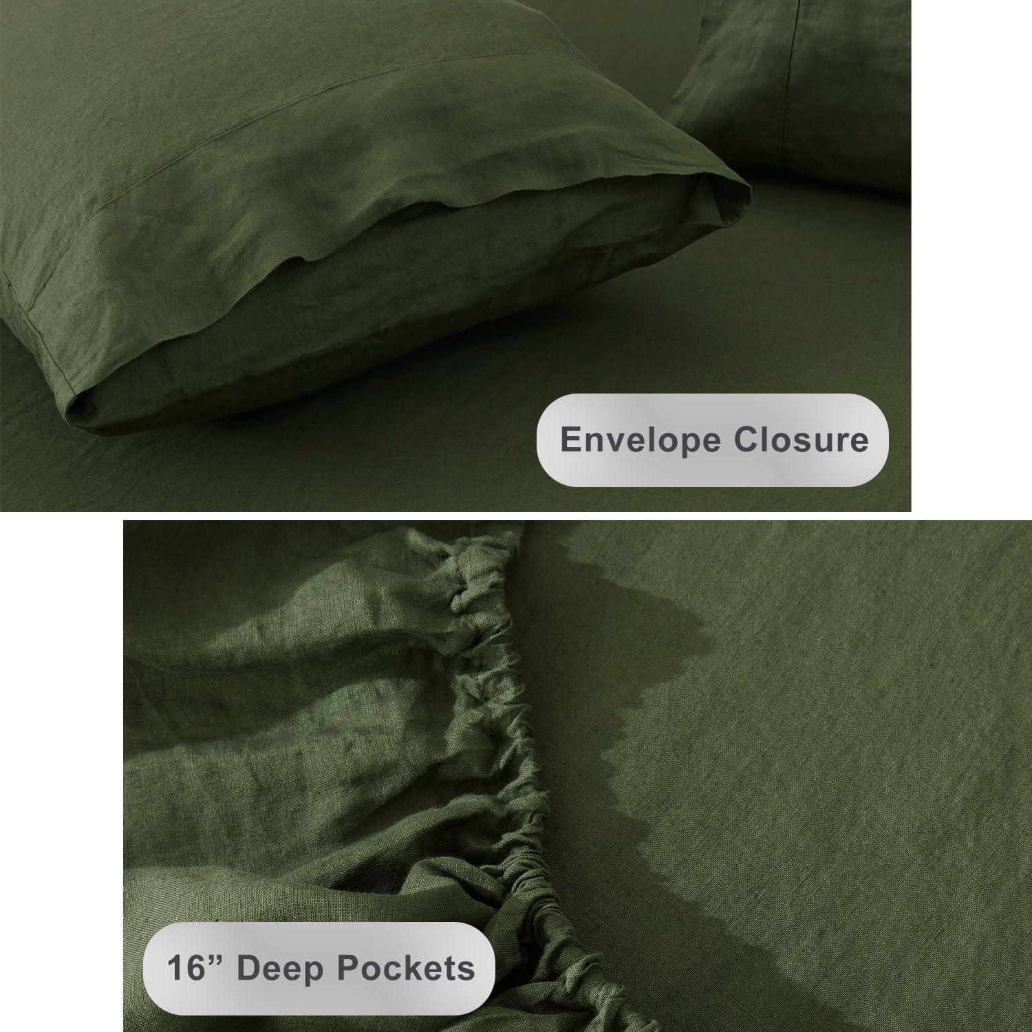 TOSMO TOSMO Pure Linen Sheets Set, 100% French Natural Linen Flax Bedding 4pc Set (Queen, 1 Flat Sheet, 1 Fitted Sheet, 2 Pillowcases) - Forest Green