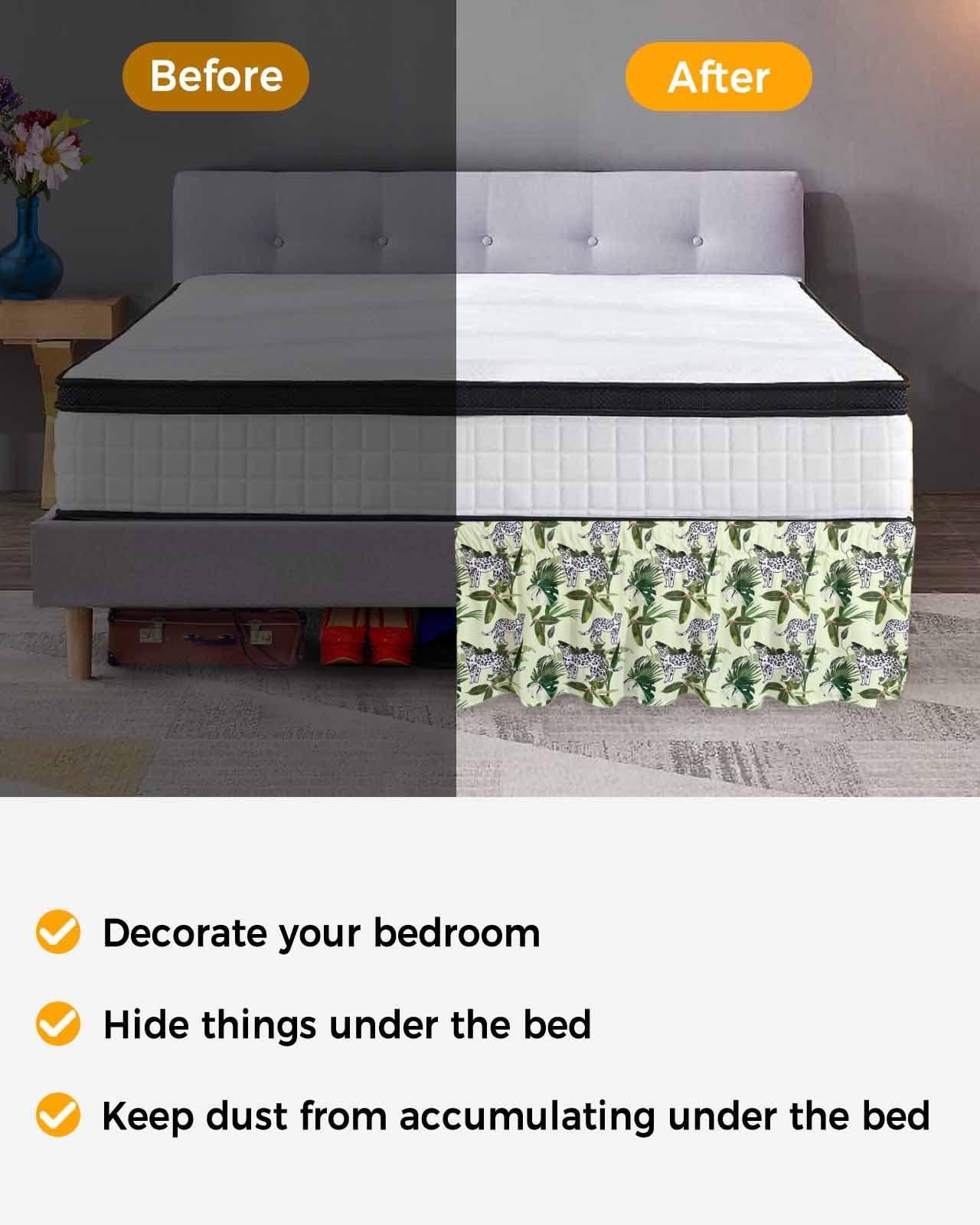 Sabolny Leopard Print Bed Skirt Cal King Size 16 Inch Drop, Adjustable & Elastic Wrap Around Bed Skirts Pleated Luxury Dust Ruffles for Twin Full Queen Cal King Base Bed, Summer Tropical Tree Plant Leaves