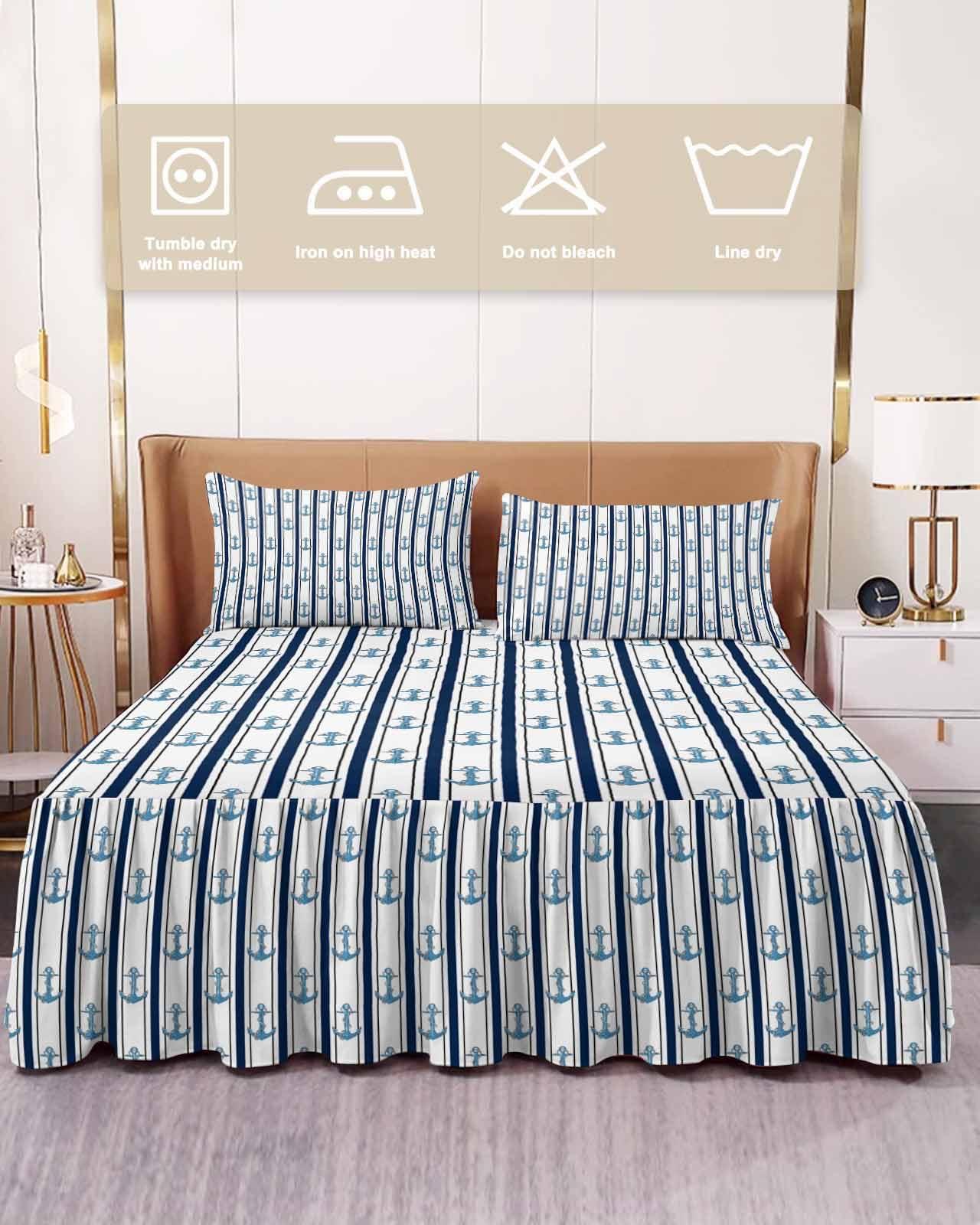 Jolunifun Nautical Anchor Bed Skirt for Cal King Size Bed,Wrap Around Bedding Skirt Dust Ruffle Bedskirt Sets with 2 Packs Matching Pillow Covers 36\"x20\",Classic 18 Inch Drop,Black White Geometric Stripes Rope