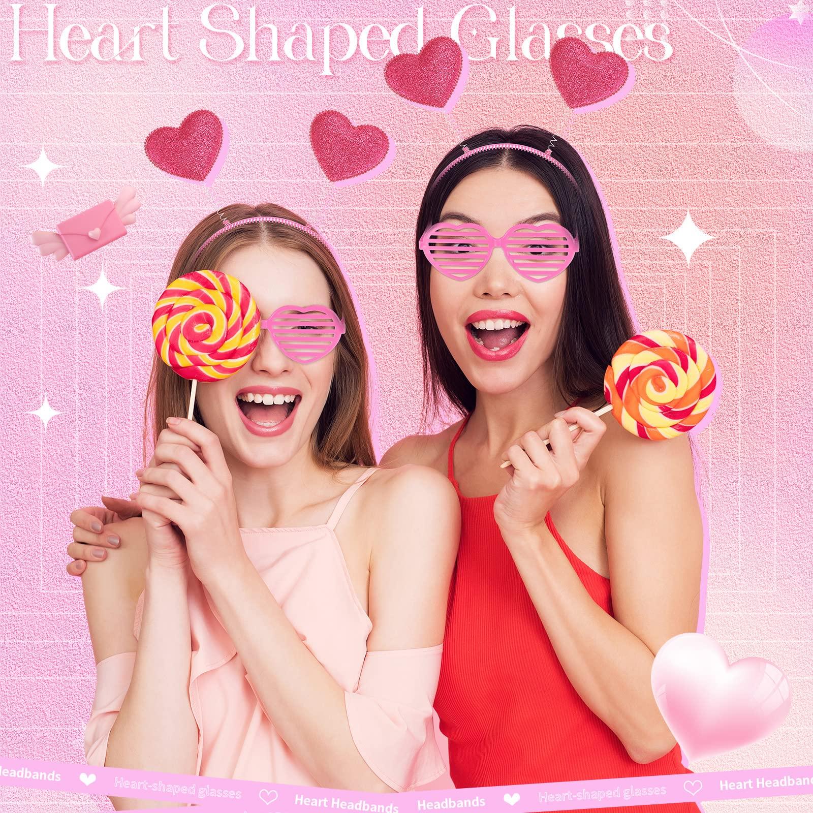 MTLEE MTLEE 24 Pcs Valentines Heart Head Boppers Headbands and Heart Shape Sunglasses Valentines Party Supplies Wedding Photo Prop (Hollow Rose Red)