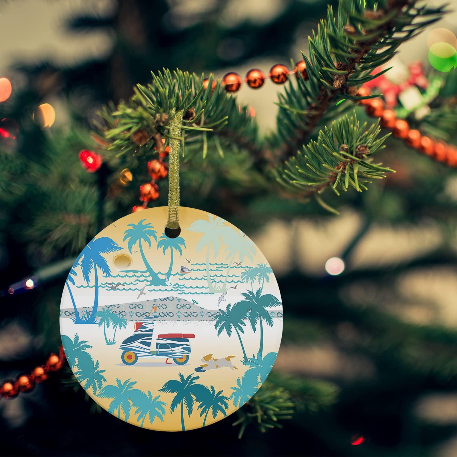 LEOSUCRE 2022 Christmas Ornaments Xmas Tree Hanging Ornaments, Beach Scenery Ornaments Gift for Friend Family Holiday Palm Tree Motorcycles Sunset Hanging Christmas Tree Ornaments Decor Round 3\"