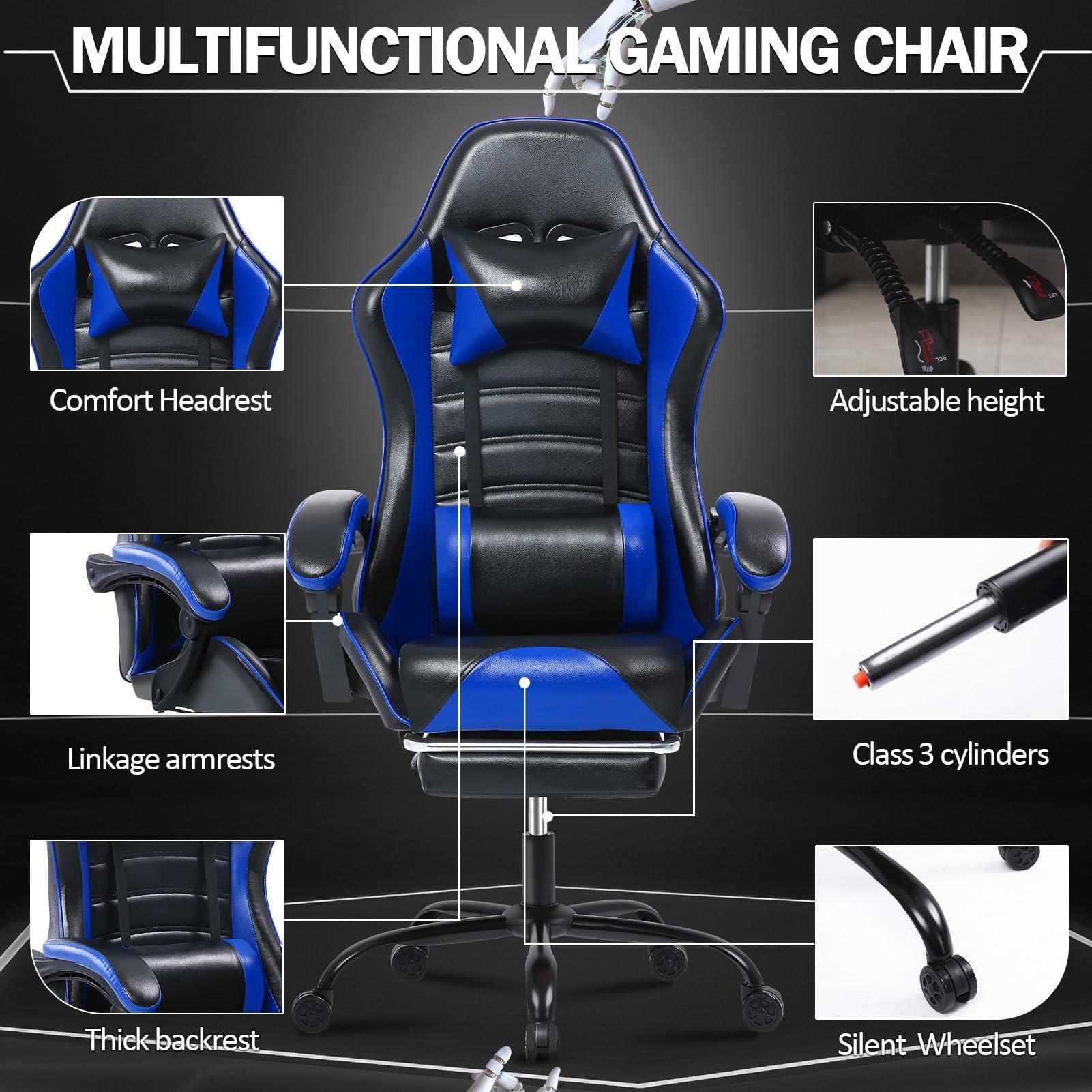 HOTOSYCH HOTOSYCH Gaming Chair, Ergonomic Video Game Chair for Adults, Comfortable Computer Chair with Footrest and Lumbar Support, Height Adjustable Gamer Chair for Office 350LBS, Blue