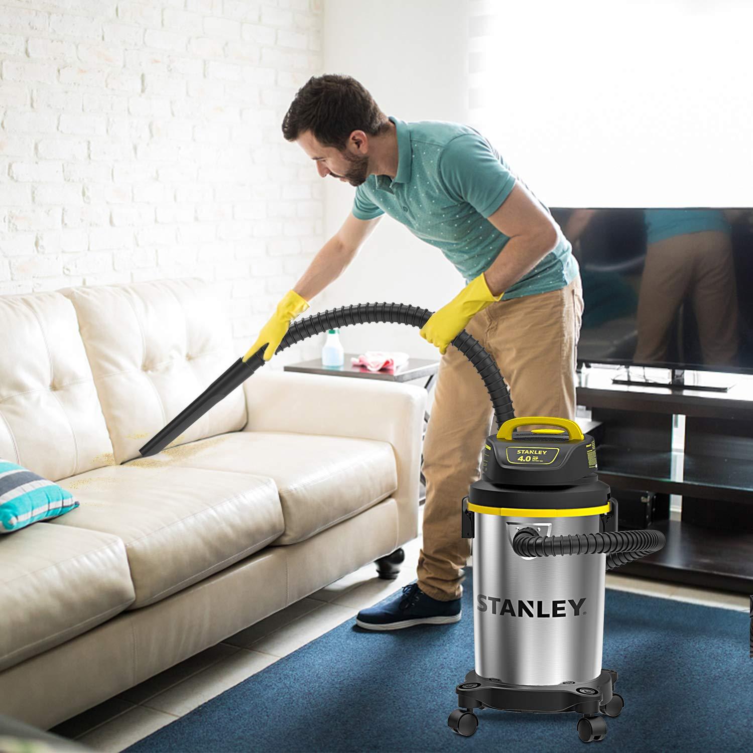 Stanley Stanley SL18129 Wet/Dry Vacuum, 4 Gallon, 4 Peak HP, Stainless Steel Tank with Top Handle, 3-in-1 Shop Vacuum Cleaner with Blower for Home, Garage, Car, Workshop, Pet Hair, Silver+Yellow+Black
