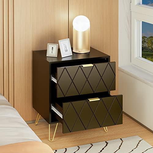 Anbuy Anbuy Black Nightstand Set of 2 with Gold Handle, Bedside Table with 2 Drawers, Night Stands Set of 2 Gold Legs for Bedroom Living Room