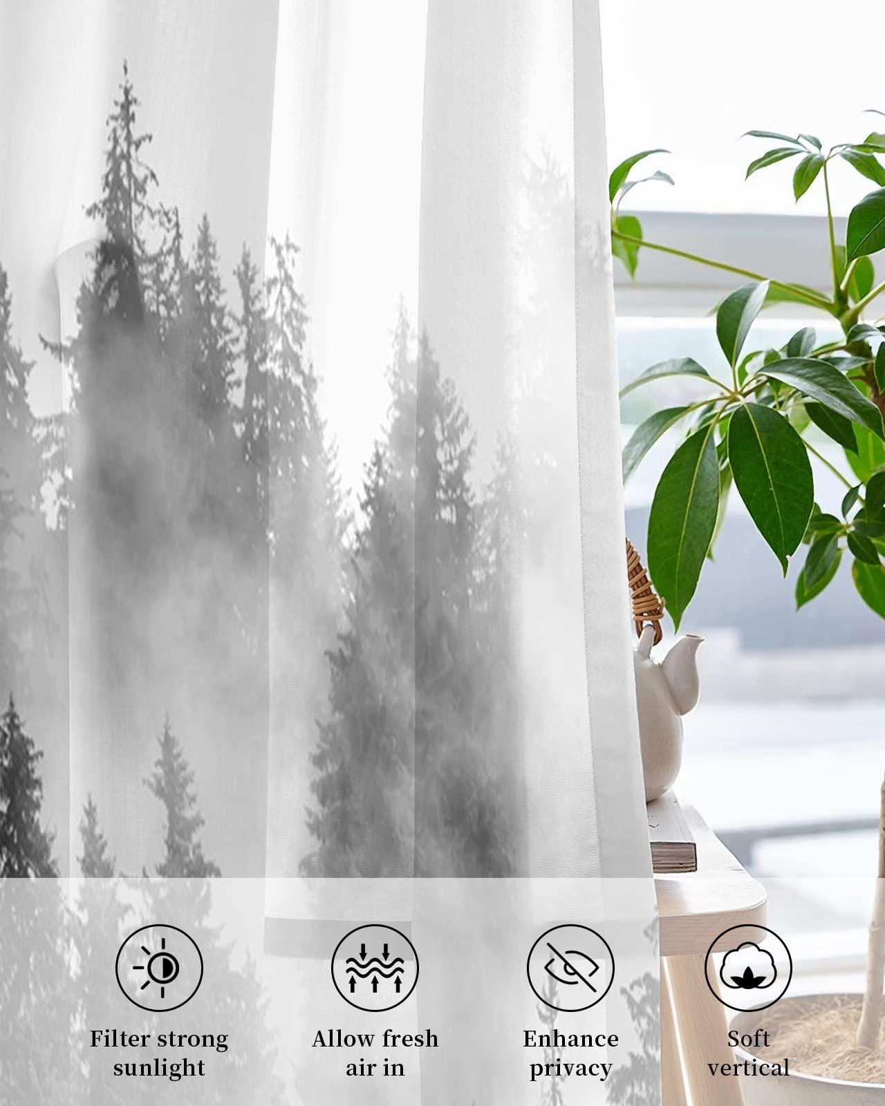 Tersuger Sheer Curtains 39 inches Long for Living Room, Summer Photography Black and White Forest Window Treatments Curtains Light Filtering Grommet Semi Sheer Drapes for Bedroom Kitchen Decor,2 Panels