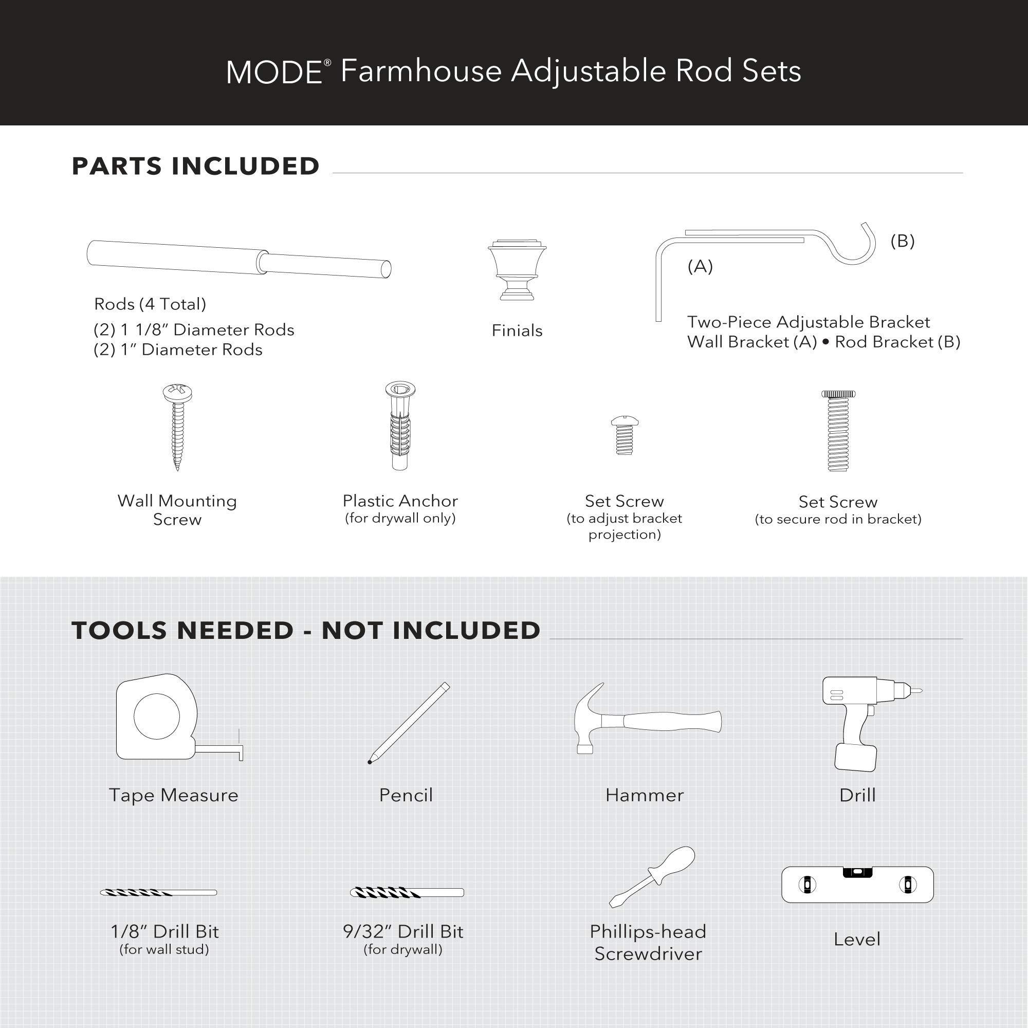 MODE MODE Farmhouse Collection 1 1/8" Diameter Curtain Rod Set with Cottage Square Curtain Rod Finials and Steel Wall Mounted Adjustable Curtain Rod, Fits 72 to 144 Windows, Weathered Black