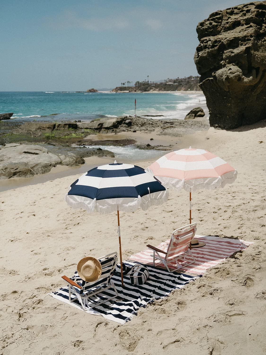 Business & Pleasure Co. Business & Pleasure Co. Holiday Beach Blanket - Perfect for The Beach & Picnics - Oversized Beach Towel with Fringe - Soft 500 GSM Cotton - Navy Capri Stripe