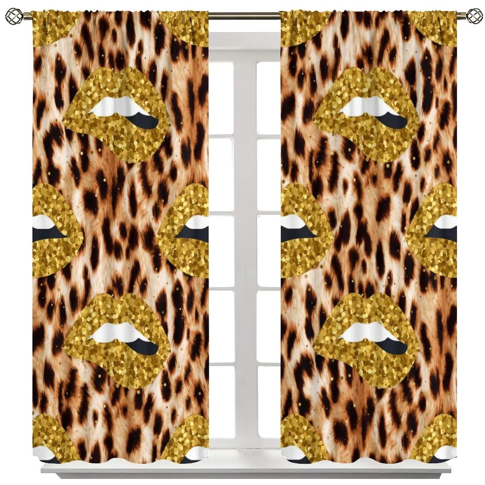 AuiMzoo Lips Curtains, Gilt Sexy Lips African Wildlife Cheetah Leopard Print Theme, Women Women Bedroom Living Room Blackout Curtains, Set of 2 Panels,84X84 Inch
