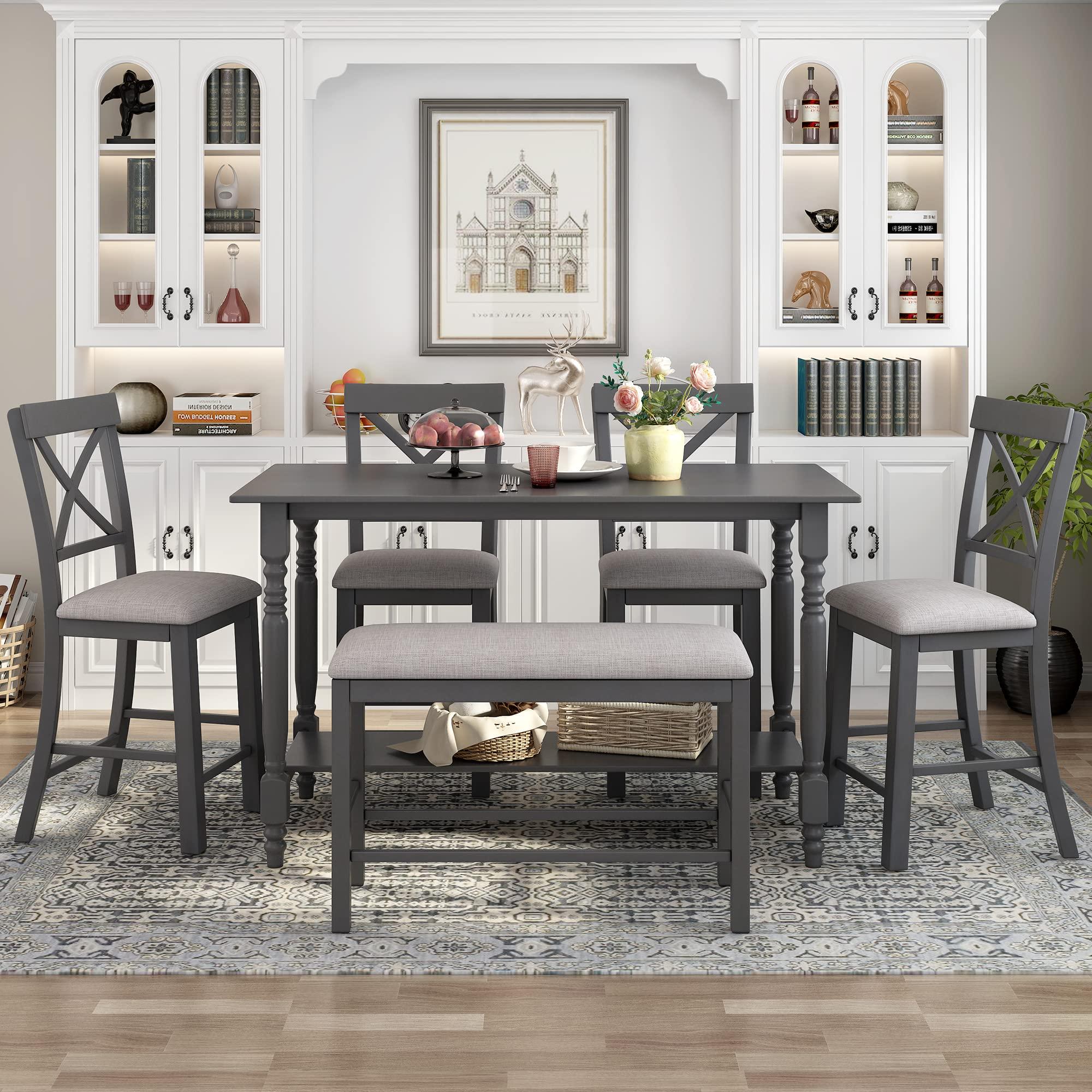 LZ LEISURE ZONE LZ LEISURE ZONE 6-Pieces Counter Height Dining Table Set, Dining Table and Chairs Set, Kitchen Table with Shelf 4 Chairs and Bench for Dining Room, Gray+Beige