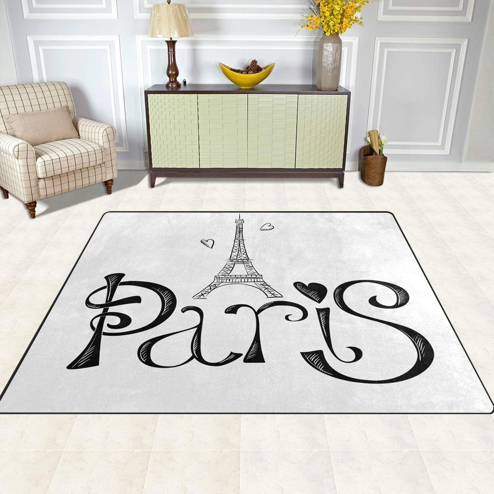 Oueoty Cityscape Paris Eiffel Tower White Area Rug 2x3ft/24x36in/60x90cm,Non Slip Floor Carpet Yoga Mat for Living Dinning Room Bedroom Kitchen