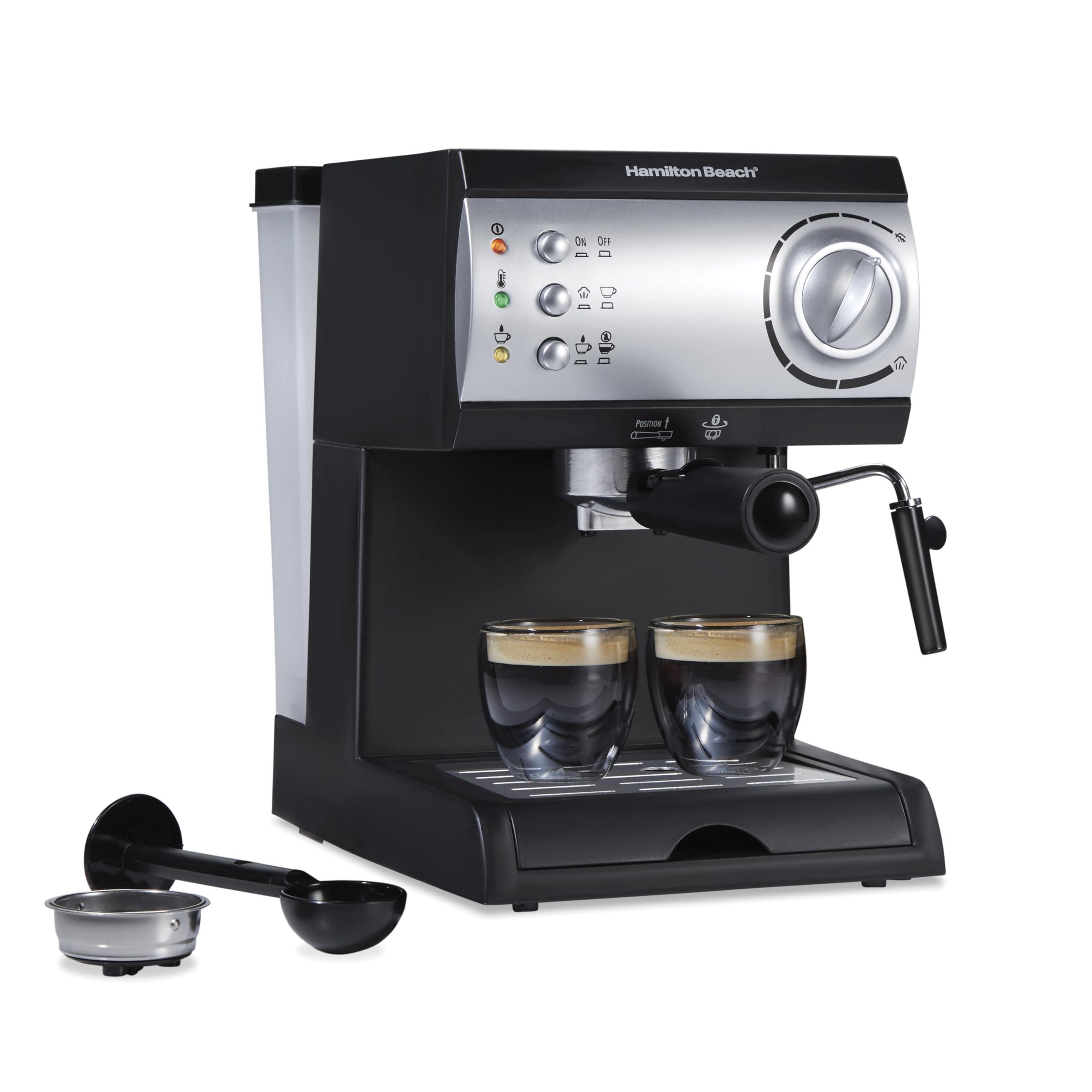 Hamilton Beach Hamilton Beach 15 Bar Espresso Machine, Cappuccino, Mocha, & Latte Maker, with Milk Frother, Make 2 Cups Simultaneously, Works with Pods or Ground Coffee, 50 oz. Water Reservoir, Black