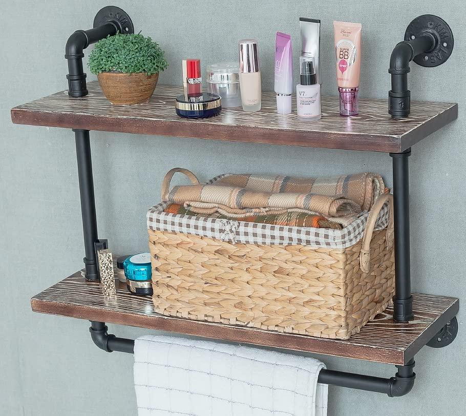 ZYUXUAN Bathroom Pipe Shelves with Towel Bar Industrial Pipe Shelving ,3Tier 24 inch Retro Rustic Farmhouse Pipe Industrial Wall Shelves Bathroom Shelves Over Toilet for Storage