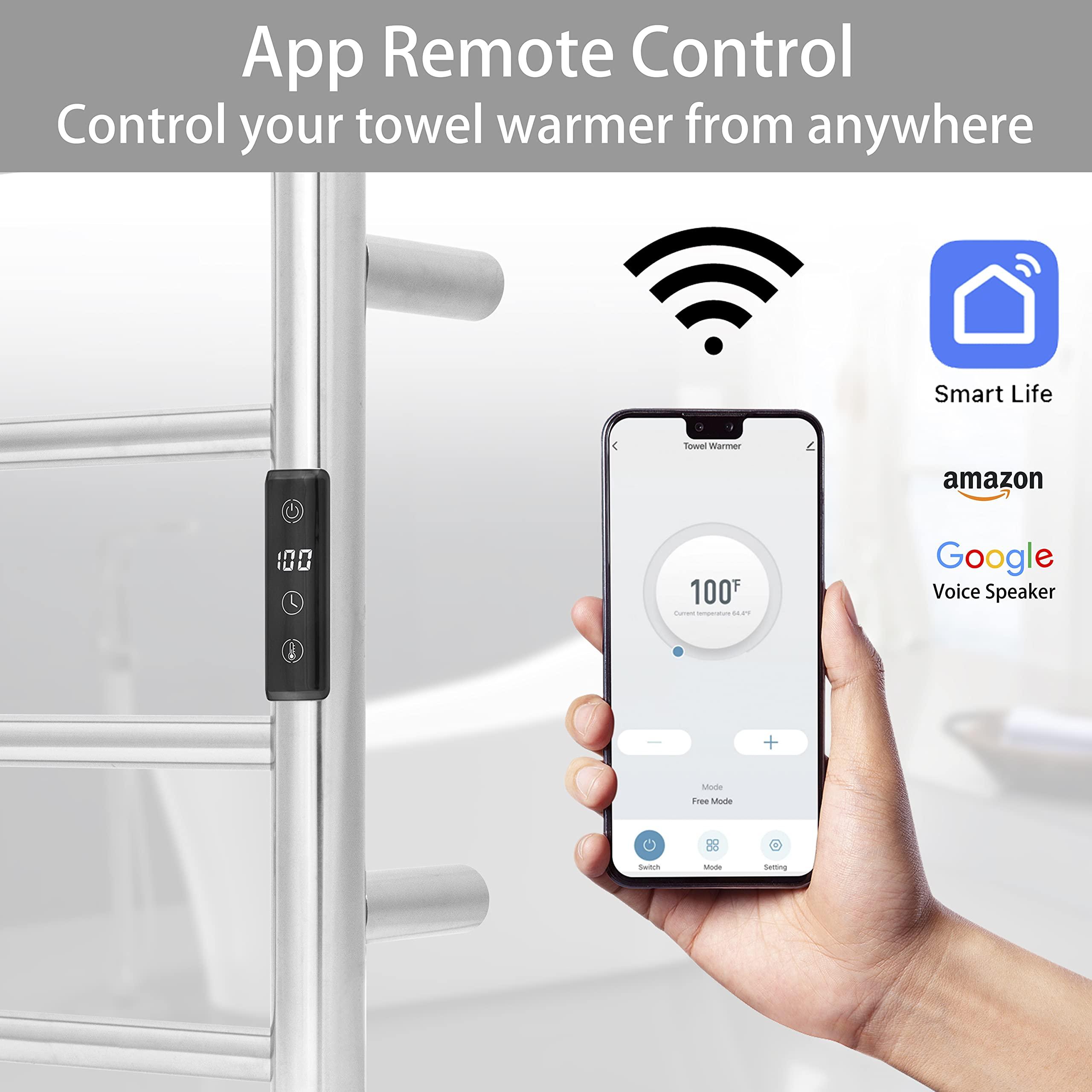 KEG KEG Smart WiFi Towel Warmer Wall Mounted with Built-in Timer and Temperature Adjust Control, 4 Bars Electric Stainless Steel Heated Towel Racks for Bathroom Brushed Nickel