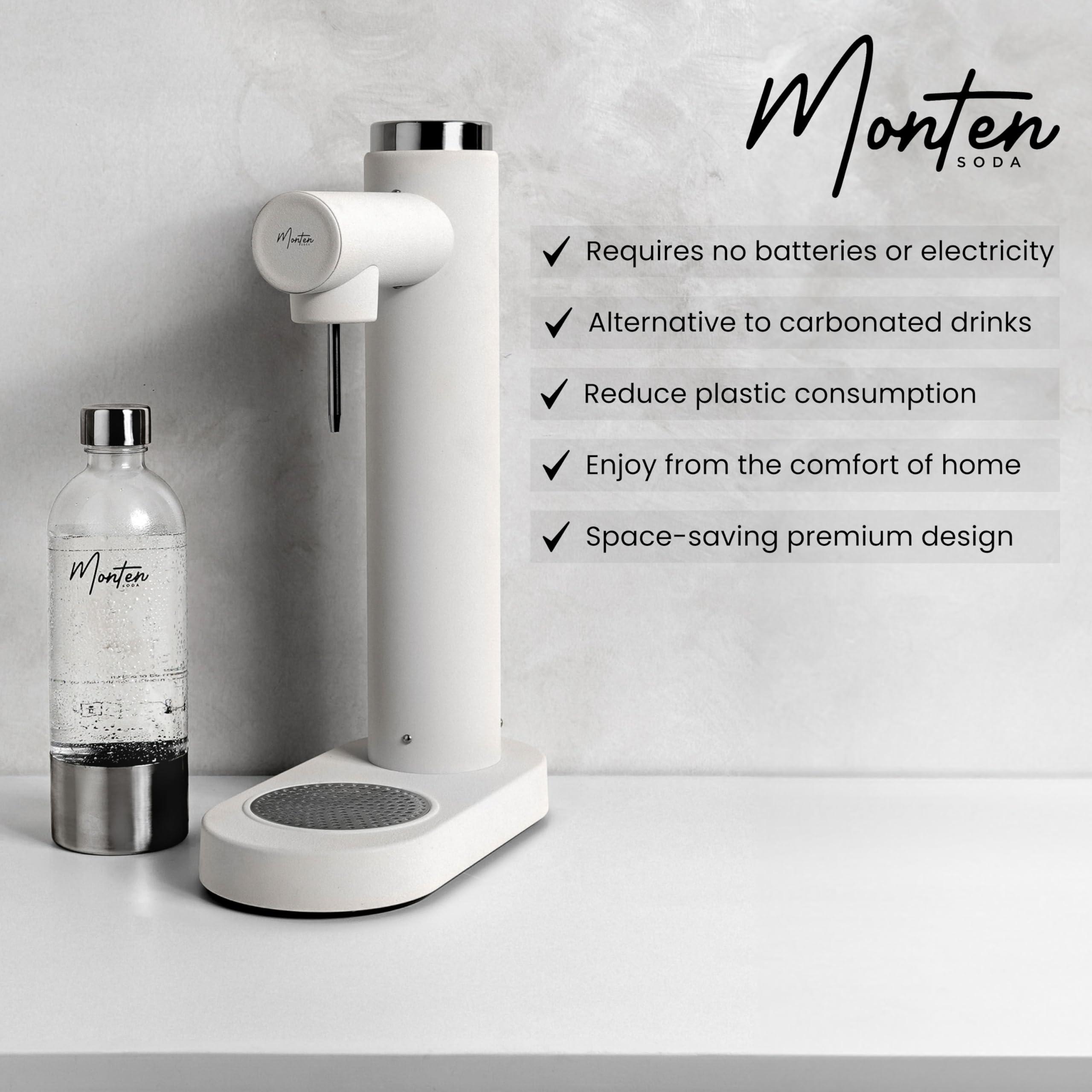 MonTen Soda MonTen Soda Sparkling Water Maker - Matte White Carbonated Water Machine - Includes 900ML Bottle - Made with Premium Stainless Steel - Compatible with Screw-In Sodastream & Soda Sense CO2 Cylinders