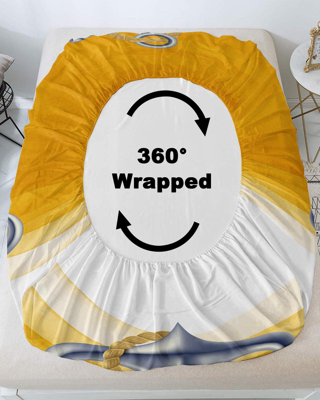 ZFUNCING Marine Nautical Silver Ship Anchor Fitted Bed Sheets Twin XL Size Fit 5-16inch Deep Pockets,Luxury Bottom Sheet Bedding Set with Pillow Case,Yellow Gradient Art Wave Stripe Fitted Sheet for Mattress