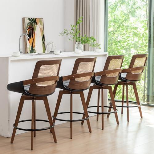 KUNZENT Set of 2 Swivel Rattan Counter Stools - 26.4 inch Mid Century Modern Bar Stools with Cane Back, Upholstered Seat, Curved Arms, Faux Leather Bar Stools for Kitchen/Island/Counter (Walnut Black)