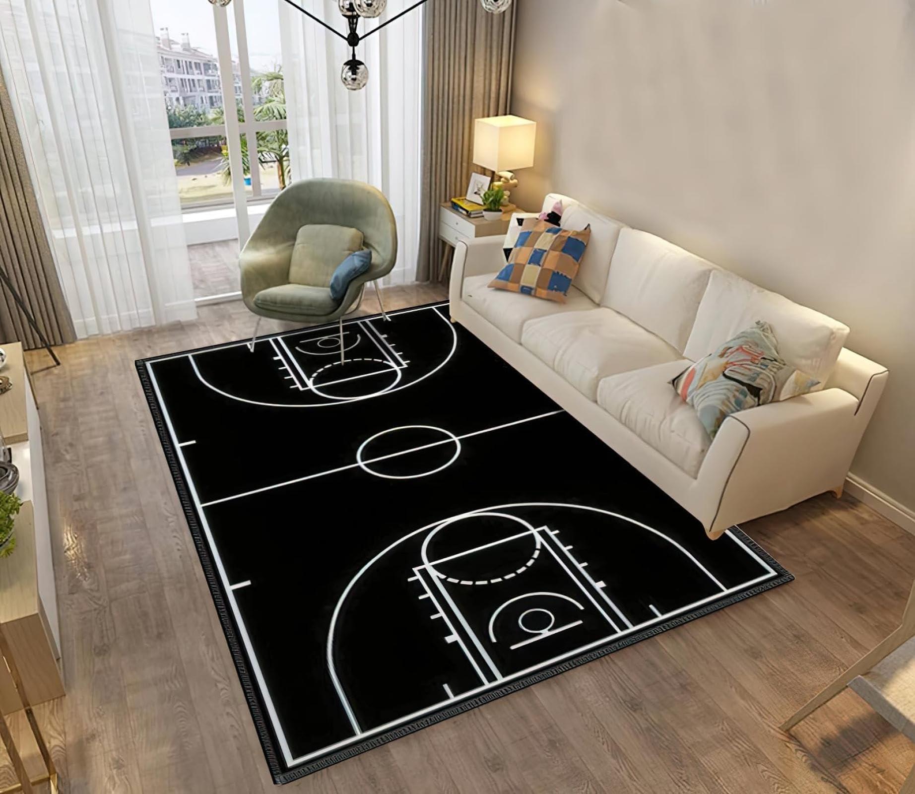HUENEL Basketball Court Black Area Rugs, Basketball Court for Training Indoor Carpet, Easy Clean Carpet Washable Non-Slip Rug for Boys and Girls Nursery Bed Living Room Carpets Nursery Decor,5.3 x 8ft