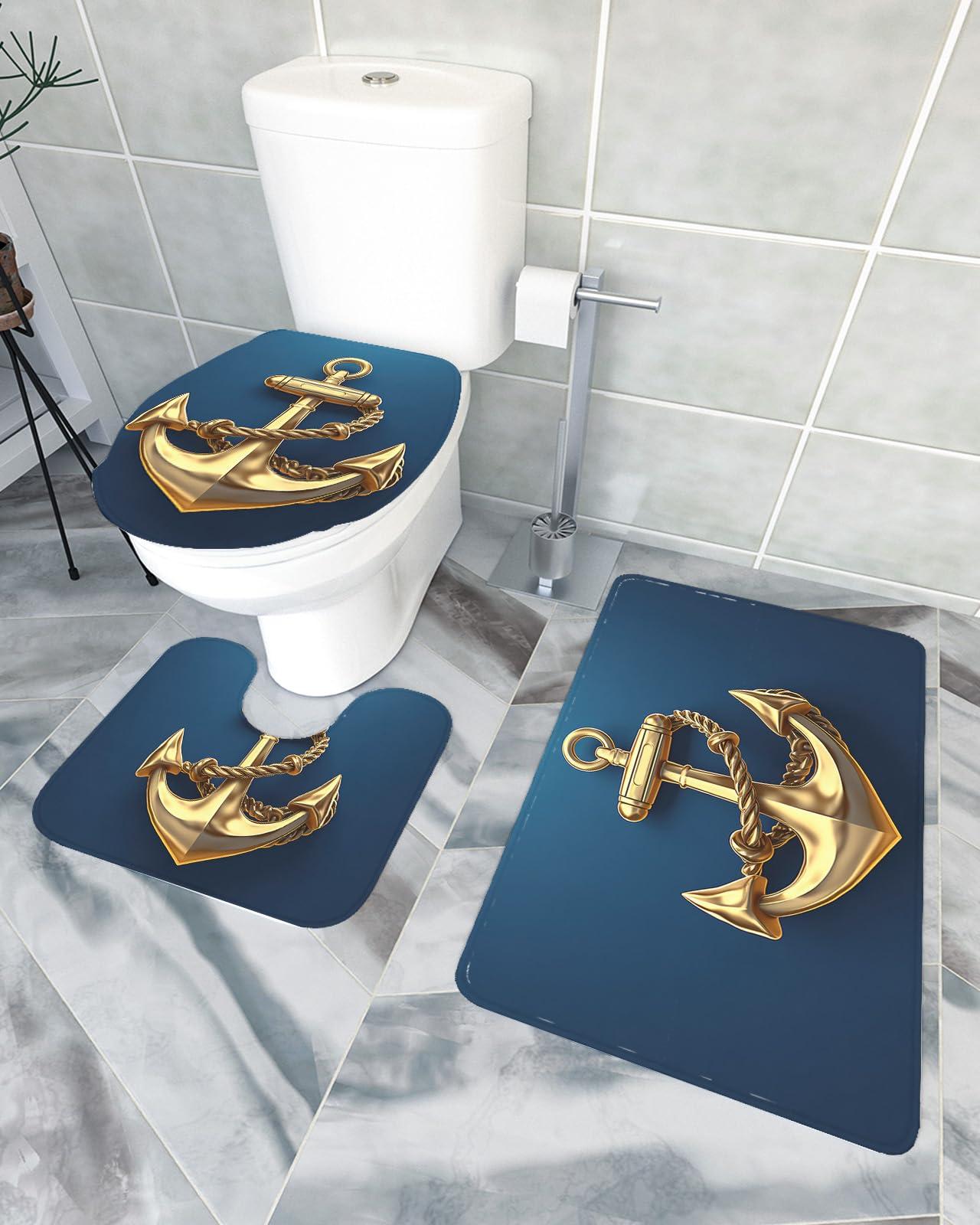 LEOSUCRE LEOSUCRE Bath Mat 3 Piece Bathroom Rug Sets, Metal Anchor Non Slip Bath Rug Contour Mat and Toilet Lid Cover, Absorbent Shower Mat Soft Bath Rug and Mat Set Blue Painting Backdrop Small
