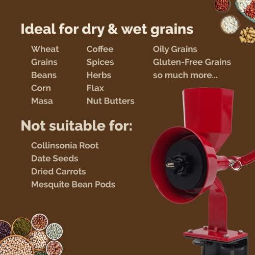 WONDERMILL WONDERMILL Manual Hand Grain Mill Red Wonder Junior Deluxe for Dry and Oily Grains - Kitchen Flour Mill, Grain Mill Hand Crank and Spice, Corn, Wheat Stone Mill Grinder