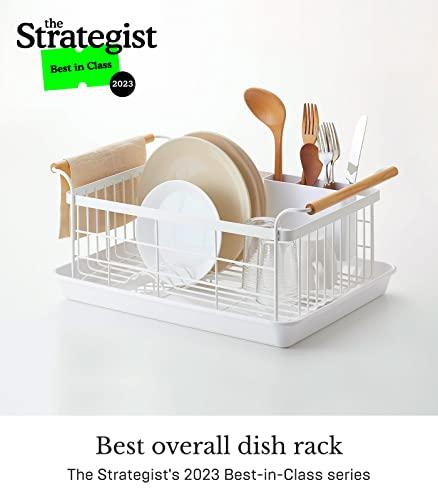YAMAZAKI Yamazaki Home Dish Rack with Removeable Drainer Tray, Kitchen Counter Dish Drying Organizer Holder Steel + Wood One Size White
