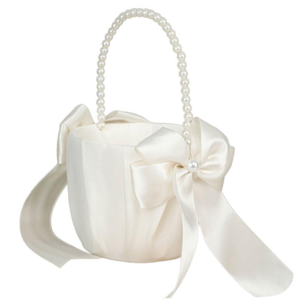 HOLIDYOYO HOLIDYOYO Wedding Flower Girl Baskets with Pearl Handle Bowknot Satin Flower Baskets Flower Pedal Basket for Wedding Ceremony Party
