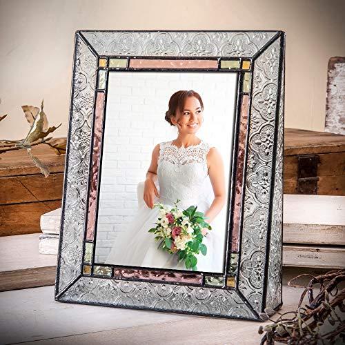J Devlin Glass Art Glass Picture Frame 5x7 Photo Display Wedding Anniversary Colorful Green, Pink Rose J Devlin Pic 137-57V