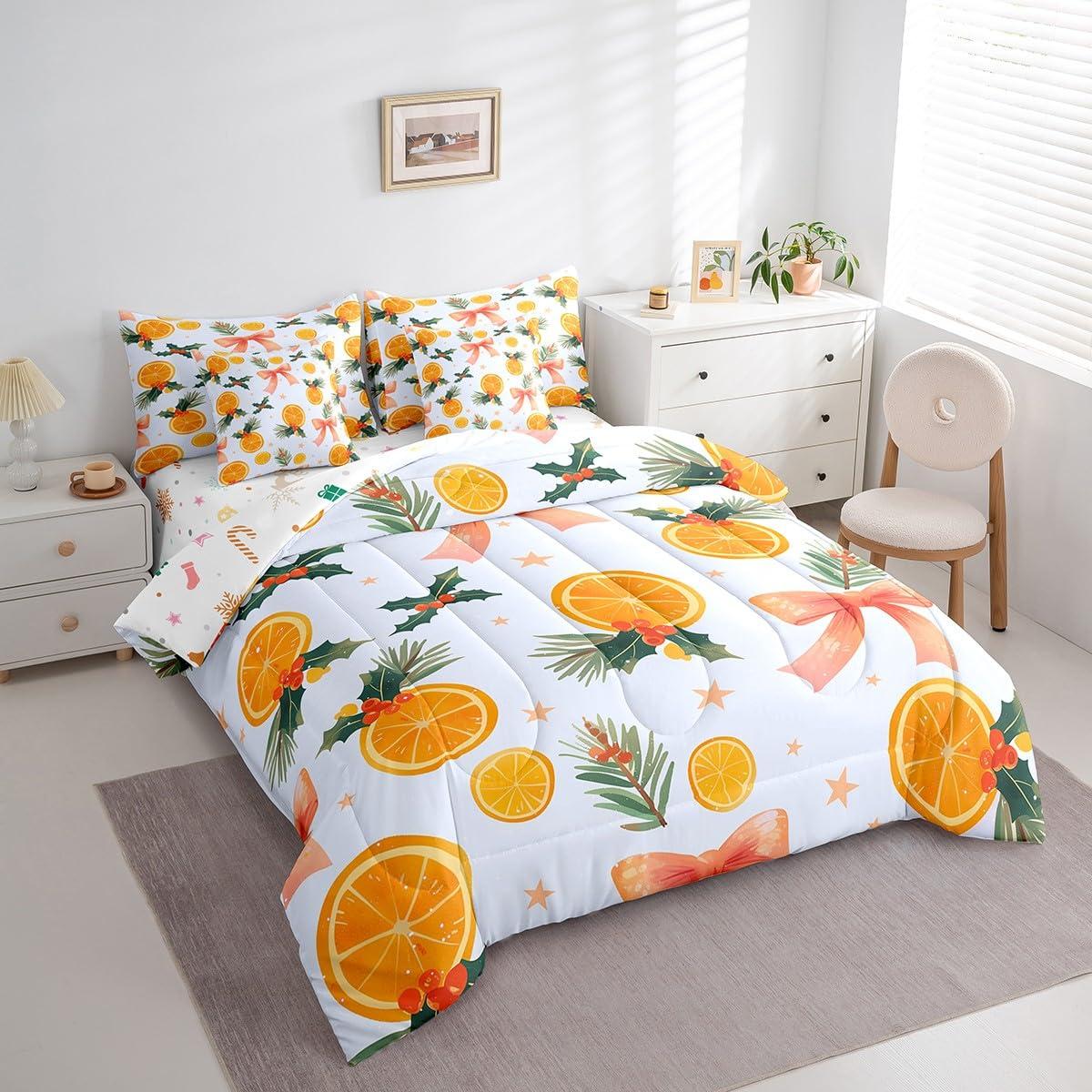 Feelyou Feelyou Merry Christmas Comforter Set with Sheets Christmas Bow Orange Flower Bed in a Bag for Kids Boys Girls Bedroom Bed Decor Xmas Christmas 7 Piece Bedding Set Queen Size Soft Bed Set