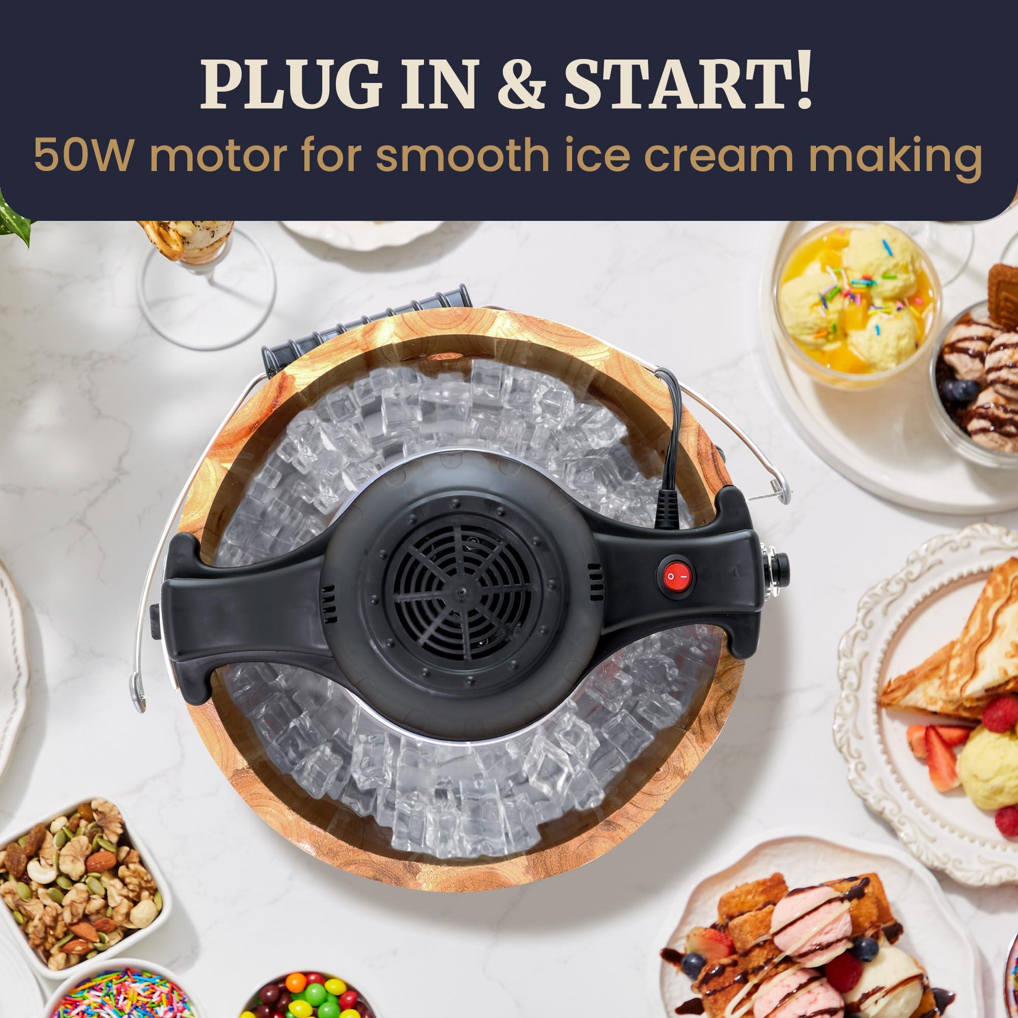 Elite Gourmet Elite Gourmet Old Fashioned 6 Quart Vintage Appalachian Wood Bucket Electric Ice Cream Maker Machine, *Bonus Classic Die-Cast Hand Crank for Churning, Uses Ice and Rock Salt Churns Ice Cream in Minute